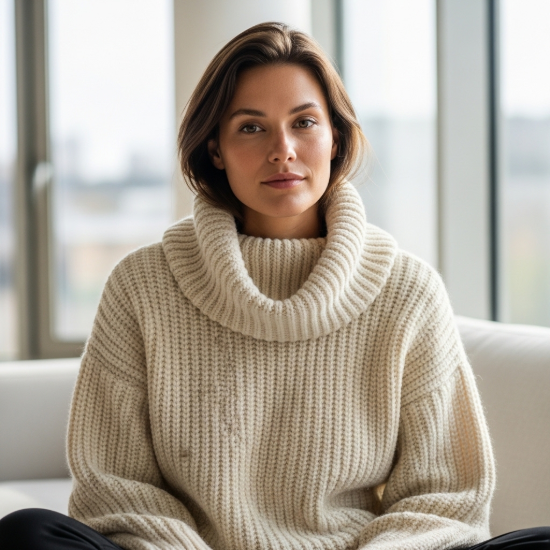 Luna Oversize Selanik Örgü Balıkçı Yaka Triko Kazak resmi