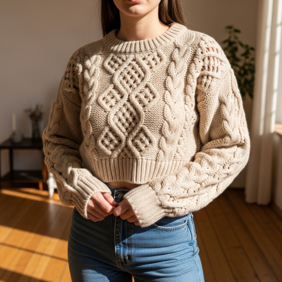 Pera Ajurlu Saç Örgü Detaylı Crop Triko Kazak resmi