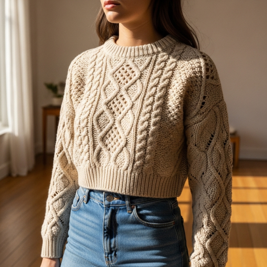 Pera Ajurlu Saç Örgü Detaylı Crop Triko Kazak resmi