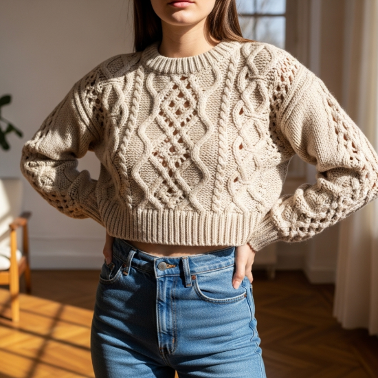 Pera Ajurlu Saç Örgü Detaylı Crop Triko Kazak resmi