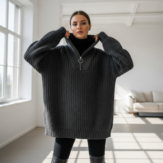 Riva Yarım Fermuarlı Selanik Örgü Oversize Kazak resmi