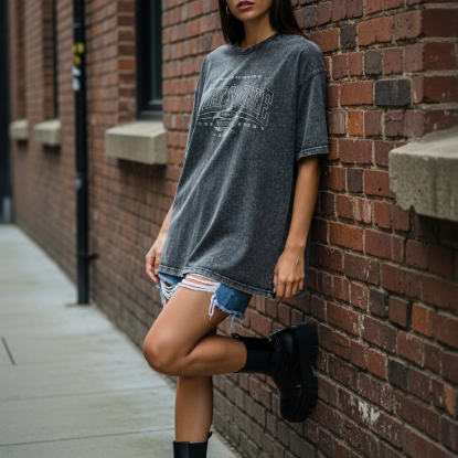 Retro Spirit Yıkamalı Grafik Baskılı Oversize Tişört resmi