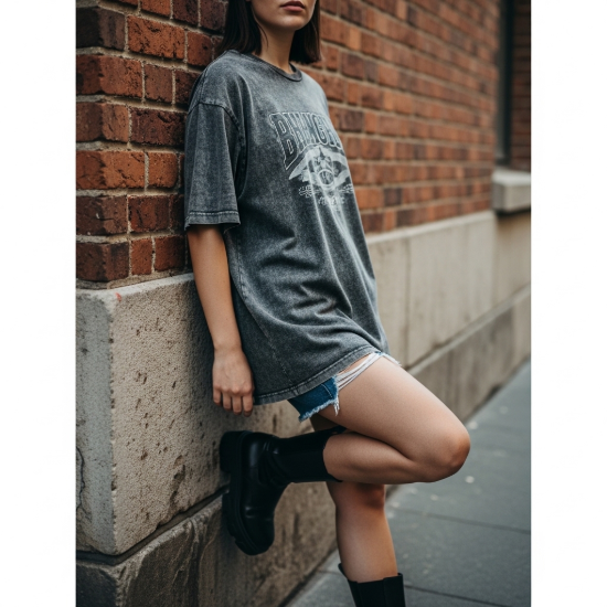 Retro Spirit Yıkamalı Grafik Baskılı Oversize Tişört resmi