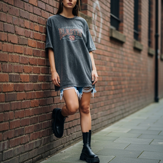 Retro Spirit Yıkamalı Grafik Baskılı Oversize Tişört resmi