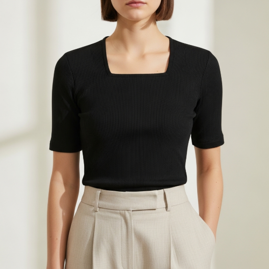 Selena Kare Yaka Fitilli Dar Kesim Tişört resmi