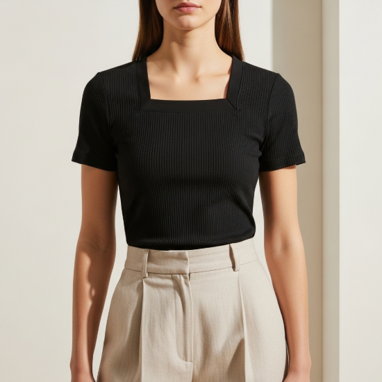 Selena Kare Yaka Fitilli Dar Kesim Tişört resmi