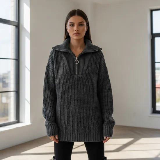 Riva Yarım Fermuarlı Selanik Örgü Oversize Kazak
